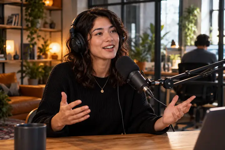 Bright modern podcast studio with an energetic presenter at a microphone, crisp editorial framing