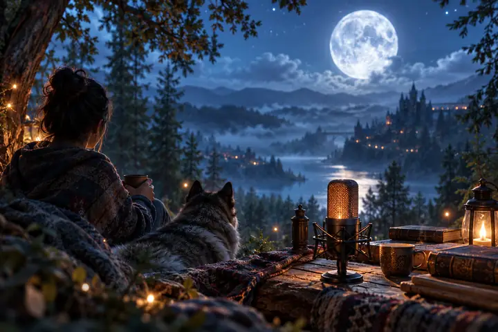 Dreamy moonlit forest atmosphere with a storybook microphone in the foreground, soft blue mood