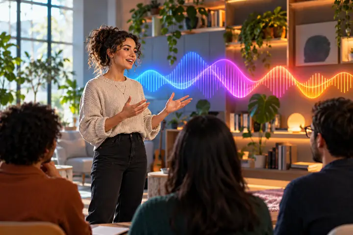 Confident language guide in a clean learning studio with colorful sound waves, welcoming composition