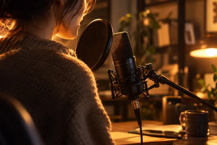 Soft amber studio light on a warm voice narrator microphone, intimate close framing, calm mood